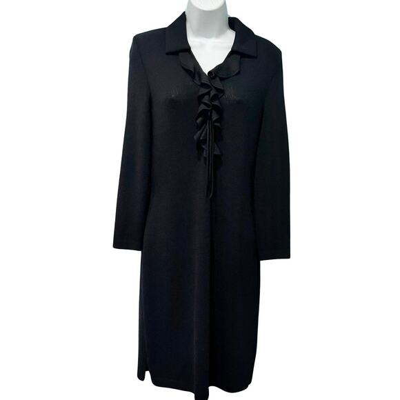 Vintage St. John Evening 80s Black Long Sleeve Ruffle V-Neck Sheath Dress size 2 - Picture 1 of 12